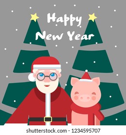 Vector illustration with Santa and a little cute pig with pink cheeks in a red scarf on a gray background. Symbol of the year 2019. Christmas card.