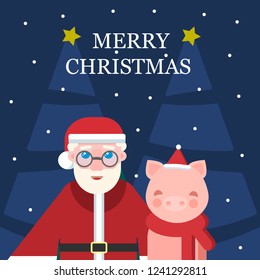 Vector illustration with Santa and a little cute pig with pink cheeks in a red scarf. Symbol of the year 2019.
