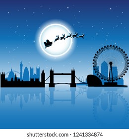 Vector Illustration of Santa in London over Blue Night Sky