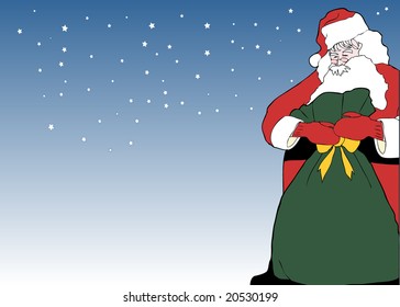 Vector Illustration of Santa on Christmas eve with bag