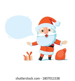 Vector illustration of Santa on a white background. Santa Claus with speech bubble. Christmas cartoon character.