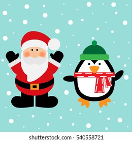 Vector illustration of a Santa and penguin on a snow background