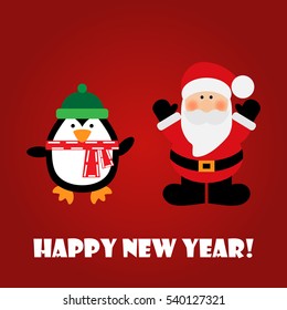 Vector illustration of a Santa and penguin with text happy new year on a red background