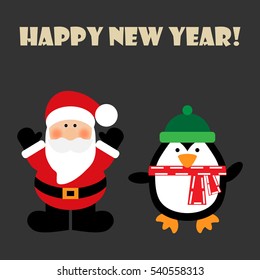 Vector illustration of a Santa and penguin with text happy new year on a gray background