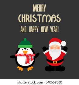 Vector illustration of a Santa and penguin with text merry christmas and happy new year on a gray background