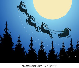 Vector Illustration. Santa and Reindeer Flying Through a Christmas Night.