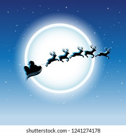 Vector Illustration of Santa and Reindeers over Blue Starry Night Sky Background