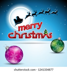 Vector Illustration of Santa and Reindeers Over a Blue Background with Christmas Balls
