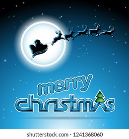 Vector Illustration of Santa and Reindeers Over a Blue Background