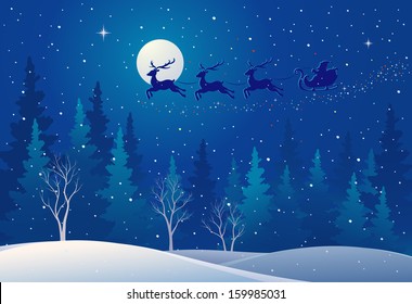 Vector illustration of Santa sleigh flying over snowy north woods