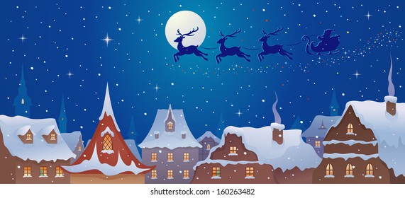 Vector illustration of Santa sleigh flying over old town rooftops in snowy xmas night