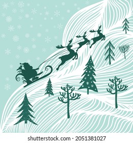 Vector illustration of Santa sleigh flying over snowy north woods