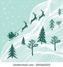 Vector illustration of Santa sleigh flying over snowy north woods
