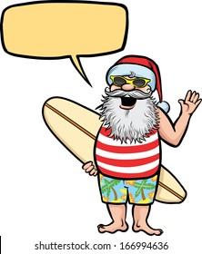 Vector illustration of Santa standing with surfboard. Easy-edit layered vector EPS10 file scalable to any size without quality loss. High resolution raster JPG file is included. 