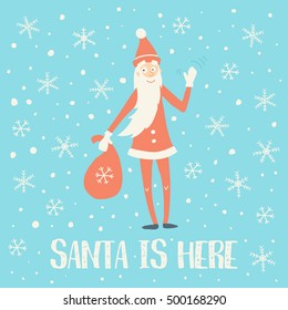 vector illustration of Santa standing and waving his hand, blue background with snowflakes