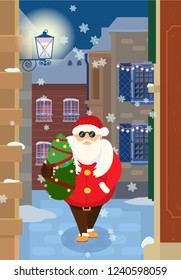 Vector illustration of Santa walking with Christmas tree in the city. European tiny street with various houses.