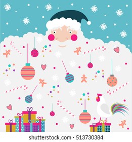 vector illustration of Santa in whose beard tangled toys and Christmas decorations