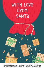 Vector illustration with a Santa's Claus bag with Christmas gifts. With love from Santa.