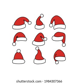Vector illustration of Santa's red hats isolated on white background. Winter decoration and winter logo, christmas symbol. December costume icon.