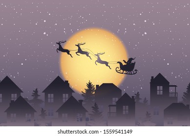 vector illustration of santa's sleigh flying in th snowy ske over rooftops of town, christmas eve