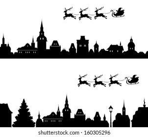 Vector illustration of Santa's sleigh flying over old town. All houses are separate objects, can be easily edited.