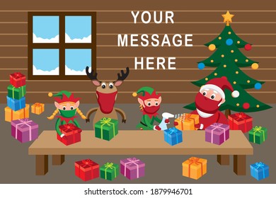 Vector illustration of Santa's workshop with all the Christmas characters wearing face masks