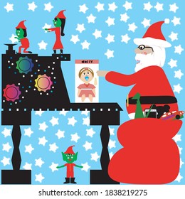 Vector illustration of Santa's workshop with an elf putting magic dust into a machine that makes toys. Includes Santa Claus, elves, doll with bottle, dinosaur, car, teddy bear, phone and Santa's bag.