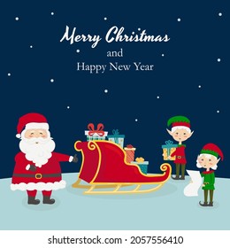 Vector illustration Santf Claus and elves are putting gifts in a sleigh. Christmas and New Year concept for cards, invitations, advent calendar.
