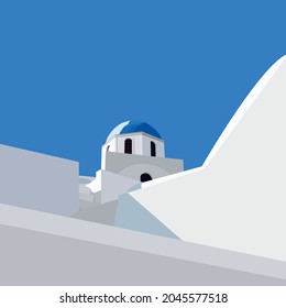 Ilustración vectorial de la isla de Santorini, Grecia.  Iglesia tradicional con cúpulas azules. Cielo azul. Ilustración para tarjetas, carteles o fondo.