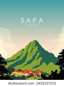 Vektorillustration Sapa Vietnam. Design eines Posters für die Wand, Postkarte, Verpackung, Abdeckung. Modernes Design. Tourismus.