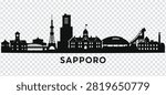 Vector illustration of Sapporo city skyline silhouette. Famous landmarks of Sapporo, Japan, isolated on a transparent background.