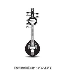 Vector illustration of saraswati veena isolated on white background. Black and white indian saraswati guitar string plucked musical instrument.