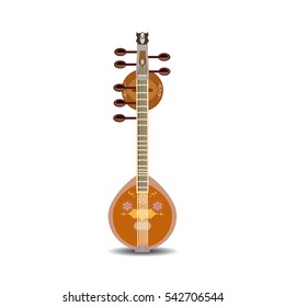 Vector illustration of saraswati veena isolated on white background. Indian saraswati guitar string plucked musical instrument.