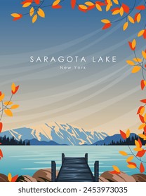 Vector illustration Saratoga lake New York. Poster, banner, postcard, cover design. Poster on the wall. Modern design. Travel, tourism.