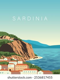 Ilustración vectorial. Cerdeña Italia. Cartel de viaje, Anuncio, postal, cubierta. Diseño moderno. Turismo. Viajes.