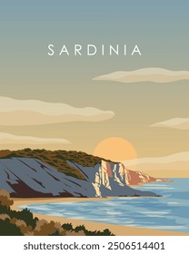 Vector illustration. Sardinia, tourist poster, banner, postcard, cover. Modern design. Tourism, travel. Seashore, rocks.