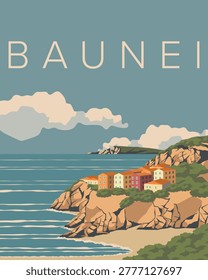Vector illustration. Sardinia, travel poster, banner, cover, postcard. Retro style. Beach landscape.