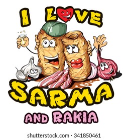 Vector illustration of sarma mascot characters used for food branding, restaurant design, cultural promotion, packaging, and souvenir graphics. - Serbian traditional food and drink.
