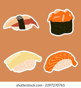 Vector illustration of sashimi. Sticker collection with asian food sushi. Sushi illustration with trout fish, salmon, eel and butterfish  in trendy style. 