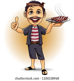 Vector illustration, the satay chef is showing his cooking