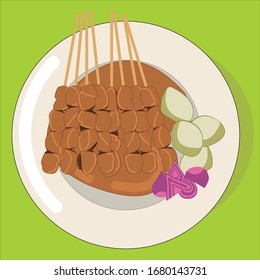 Vector illustration of sate ayam, Indonesian grilled chicken skewers in spicy peanut sauce with lontong rice cake and bits of shallots