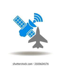 Ilustración vectorial del satélite con un combatiente aéreo. Icono del sistema de navegación militar. Símbolo de tecnología militar. Señal de armas espaciales.