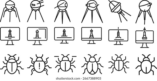 A vector illustration of satellite, computer and bug icons. Perfect for technology-themed designs, websites, and more. Isolated on a white background for easy use.
