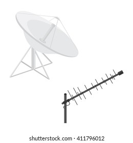Vector illustration satellite dish antenna and television antenna. Radar flat icon. Antenna icon. Television antenna. TV antenna. Antenna icon set.