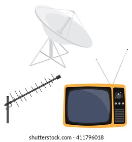 Vector illustration satellite dish antenna, television antenna and retro tv. Antenna icon. Television antenna. TV antenna. TV icon set.