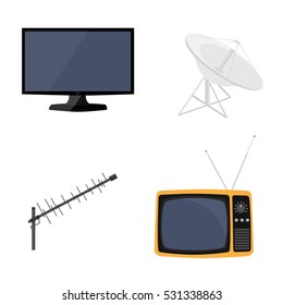 Ilustración vectorial antena antena satelital, antena de televisión, nuevo monitor lcd moderno y conjunto de iconos retro tv. Antena de televisión.