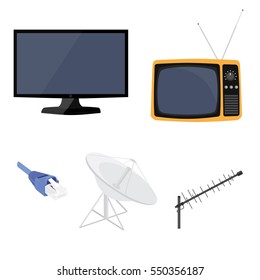 Vector illustration satellite dish antenna. New modern lcd TV monitor and retro tv. Television antenna. TV icon set.