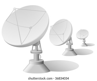 Vector illustration of satellite dishes row isolated on white background .