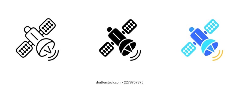 A vector illustration of a satellite in orbit around the earth. This image is ideal for use in designs related to space and technology. Vector set of icons in line, black and colorful styles isolated.
