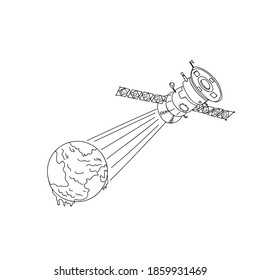 Vector illustration of a satellite in space sends rays to the earth. Sketch. Global communication concept, 5G, harmful impact on the planet